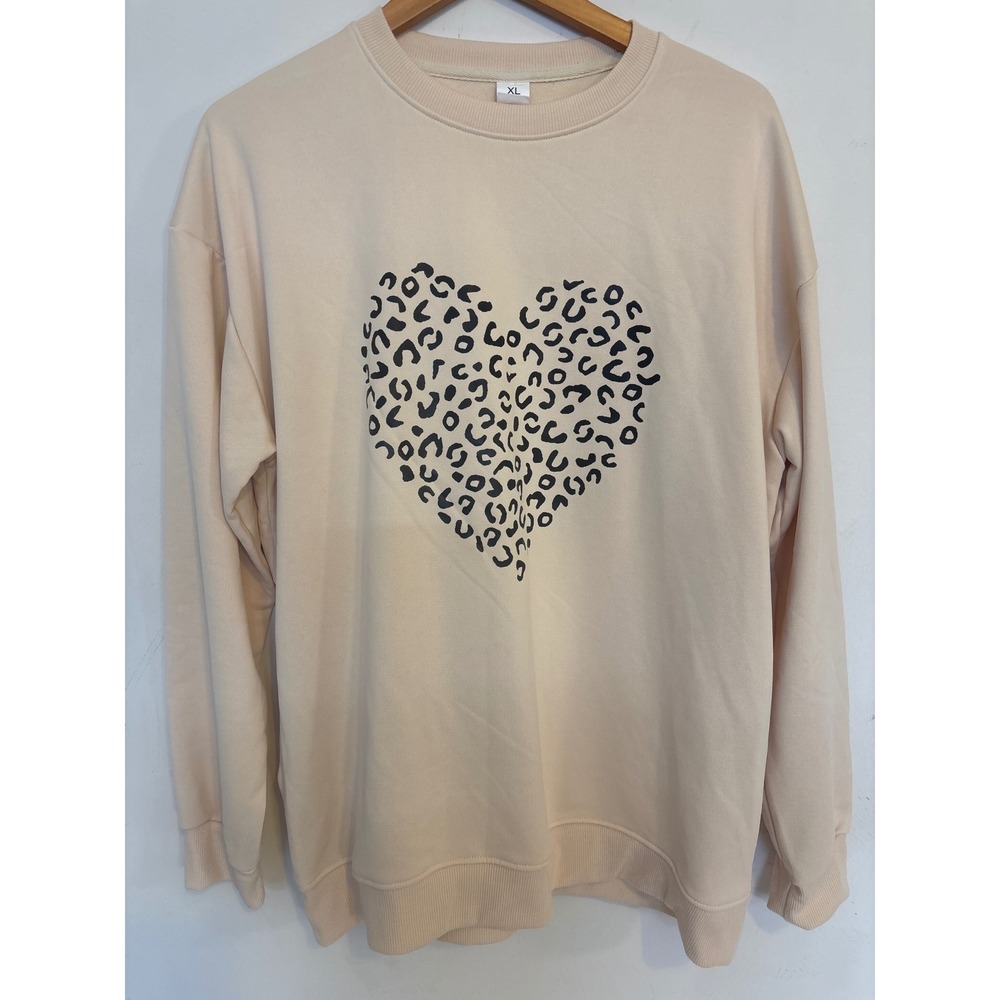 Unbranded Cream Leopard Heart Graphic Sweatshirt XL Tan Pullover Crewneck